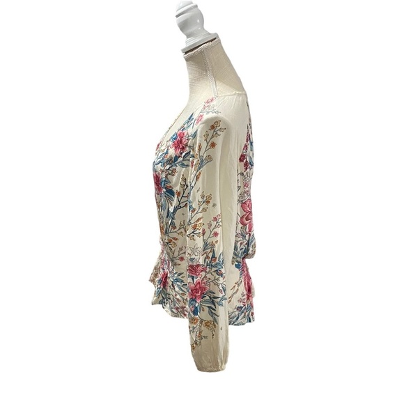 Billabong Play Day Women Cream Floral Long Sleeve Scoop Neck Crinkle Top Sz Sm - Picture 6 of 15